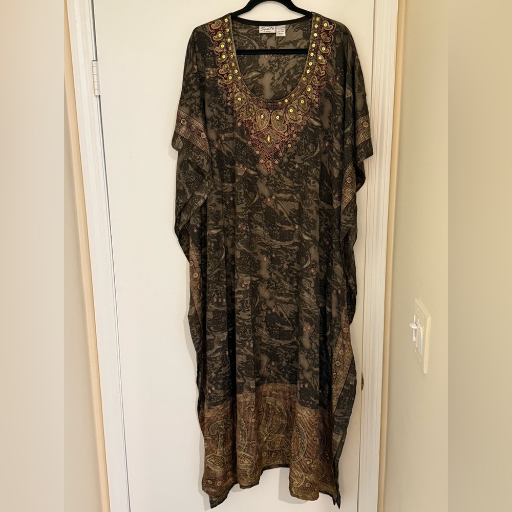 SANTE CLASSICS Kaftan Caftan MuMu Maxi Dress Cover Up Brown Gold One Size